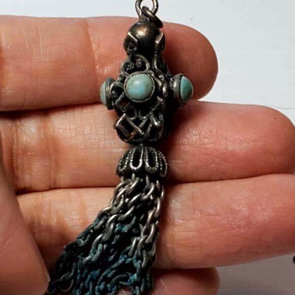 Antique Chain Dangle Pendant 2" Small Baby Blue Cabochons Patina - Picture 4 of 7